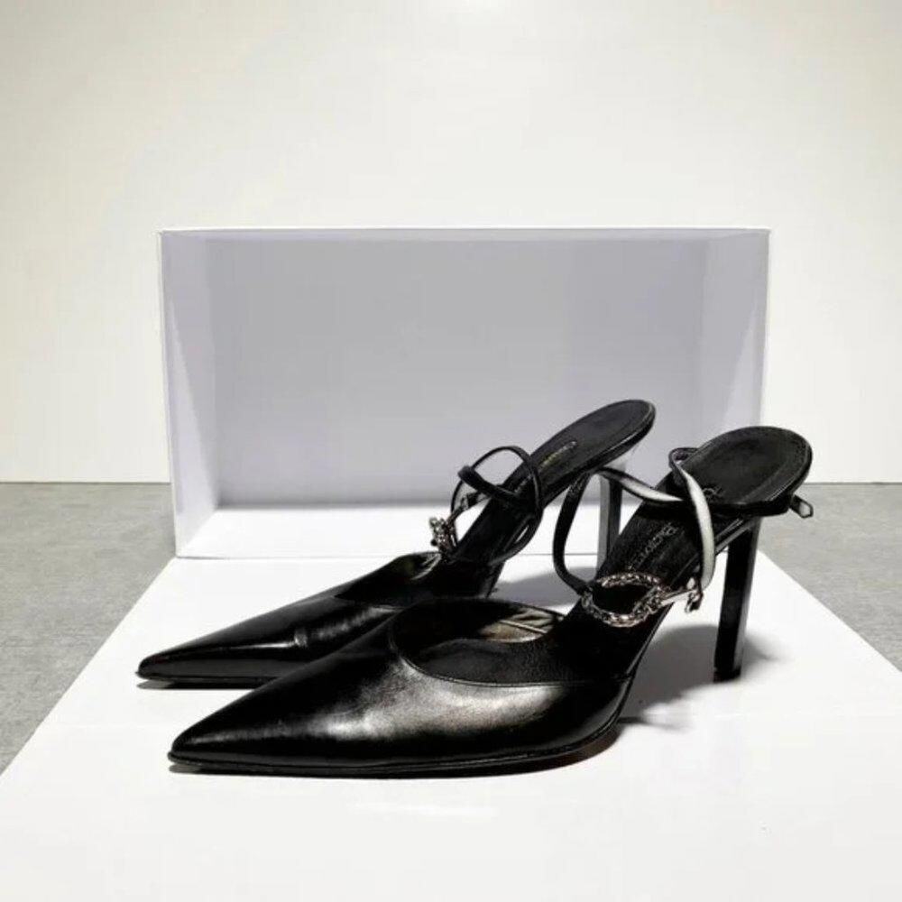Cesare Paciotti Leather Slingback Pumps Black Pointed-Toe Stiletto Heels - Picture 2 of 5